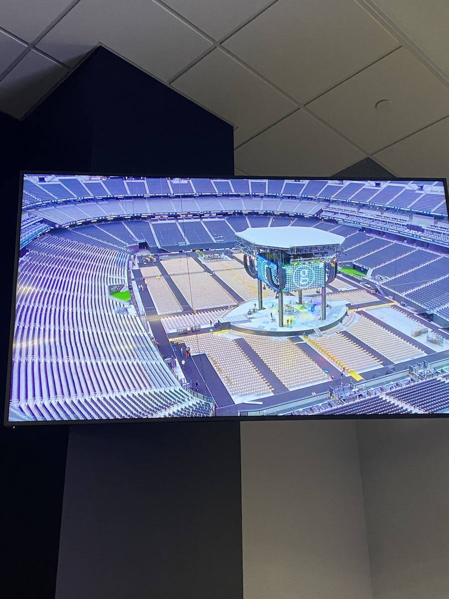 Garth Brooks' stage is shown on a video monitor during Brooks' press conference at Allegiant St ...
