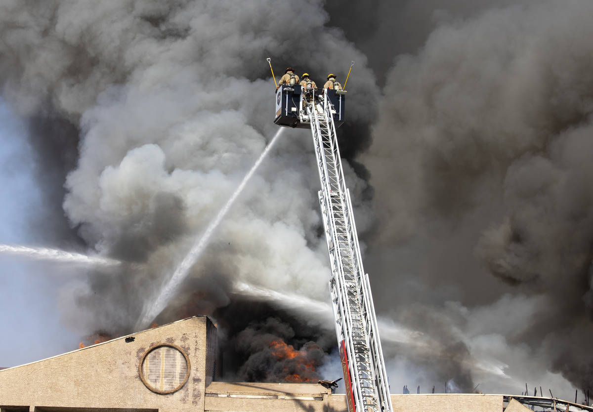 Las Vegas firefighters battle a fire at Bonanza Park Studios on 2221 Bonanza Road, on Friday, J ...