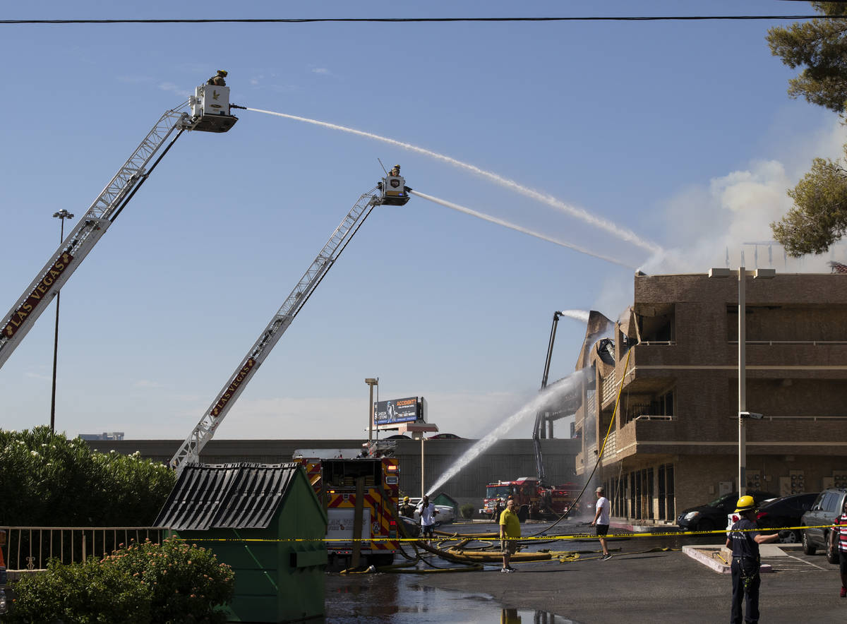 Las Vegas firefighters battle a fire at Bonanza Park Studios on 2221 Bonanza Road, on Friday, J ...