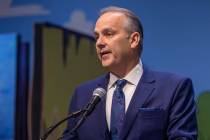 Clark County School District Superintendent Dr. Jesus Jara speaks during a ceremony for four bi ...