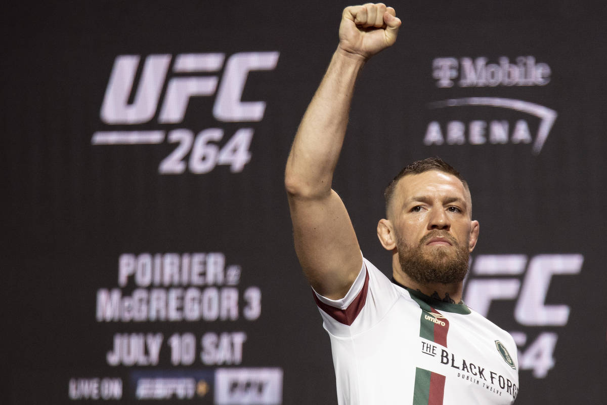 Conor McGregor takes the stage during the UFC 264 weigh-in event at T-Mobile Arena in Las Vegas ...