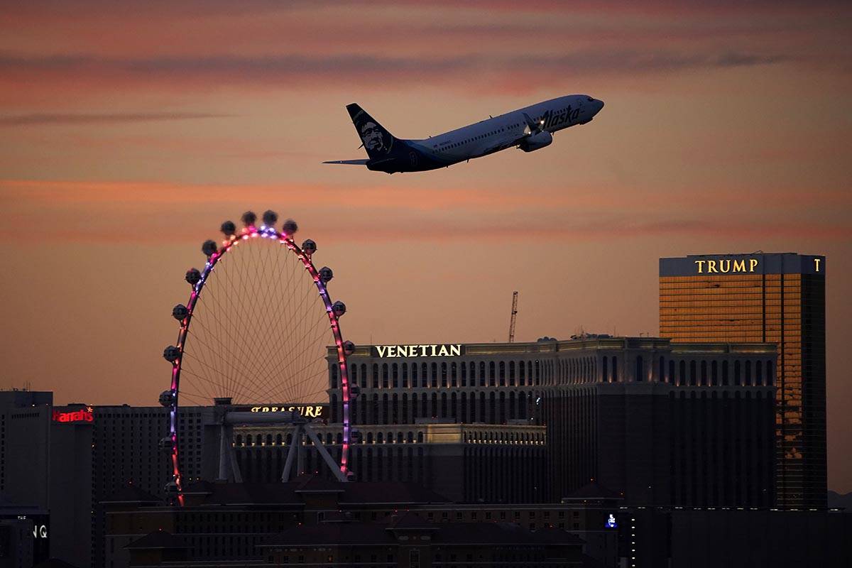 A plane takes off from McCarran International Airport, Tuesday, Feb. 23, 2021, in Las Vegas. Ex ...