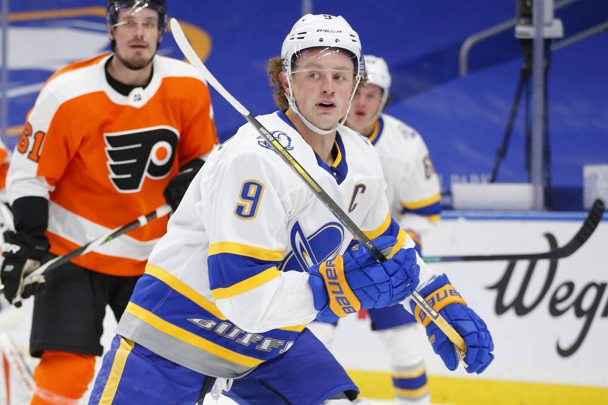 FILE - Buffalo Sabres forward Jack Eichel (9) is shown during the second period of an NHL hocke ...