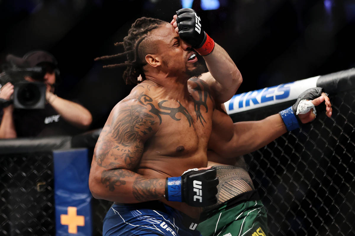Tai Tuivasa connects a punch to knockout Greg Hardy in the first round of the heavyweight bout ...