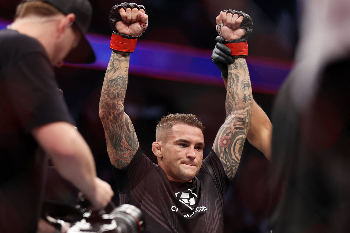 Dustin Poirier is announced the winner by way of technical knockout in the first round of a lig ...