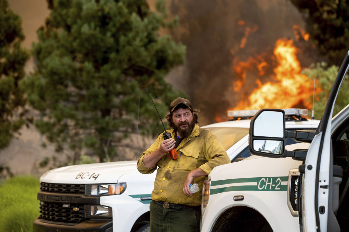 U.S. Forest Service firefighter Chris Voelker monitors the Sugar Fire, part of the Beckwourth C ...