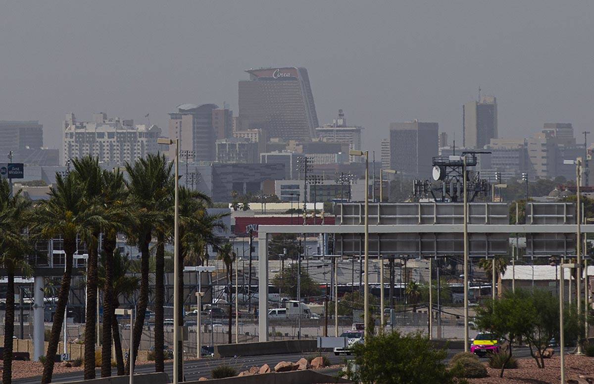 A view looking towards downtown as hazy weather conditions blanket the Las Vegas Valley on Sund ...