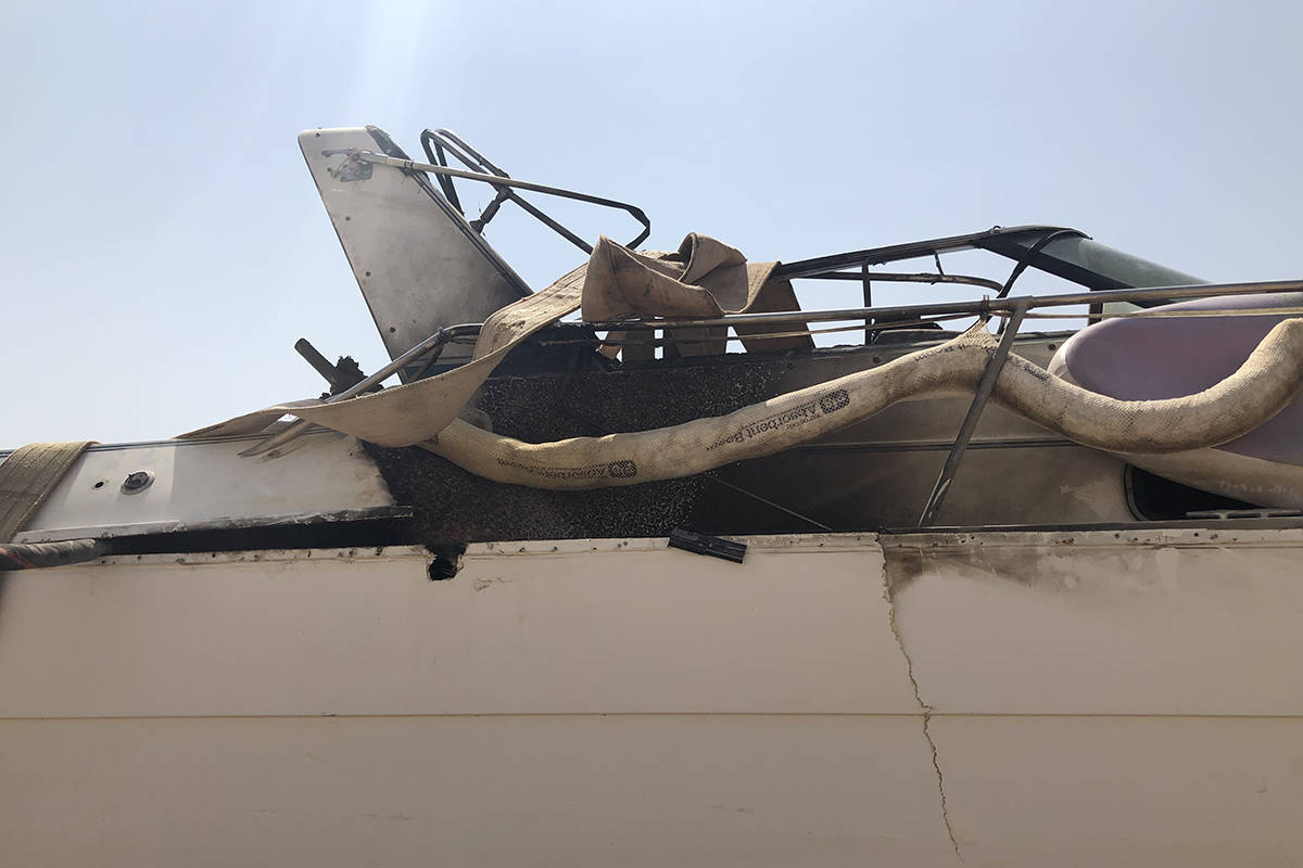 A damaged vessel is seen Sunday, July 11, 2021, outside Las Vegas Boat Harbor at Lake Mead afte ...