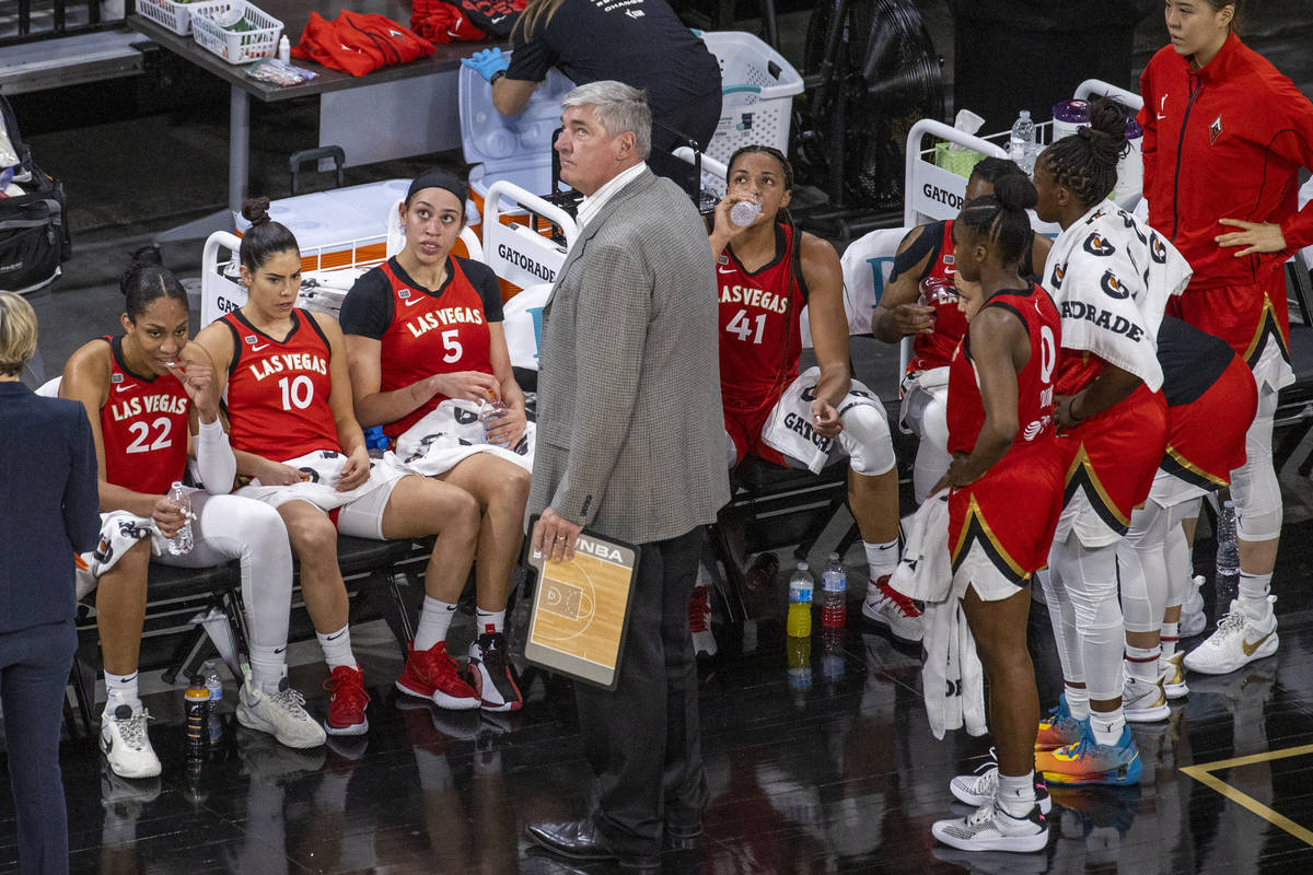 Las Vegas Aces coach Bill Laimbeer and his team are shown during a game Friday, July 9, 2021, a ...