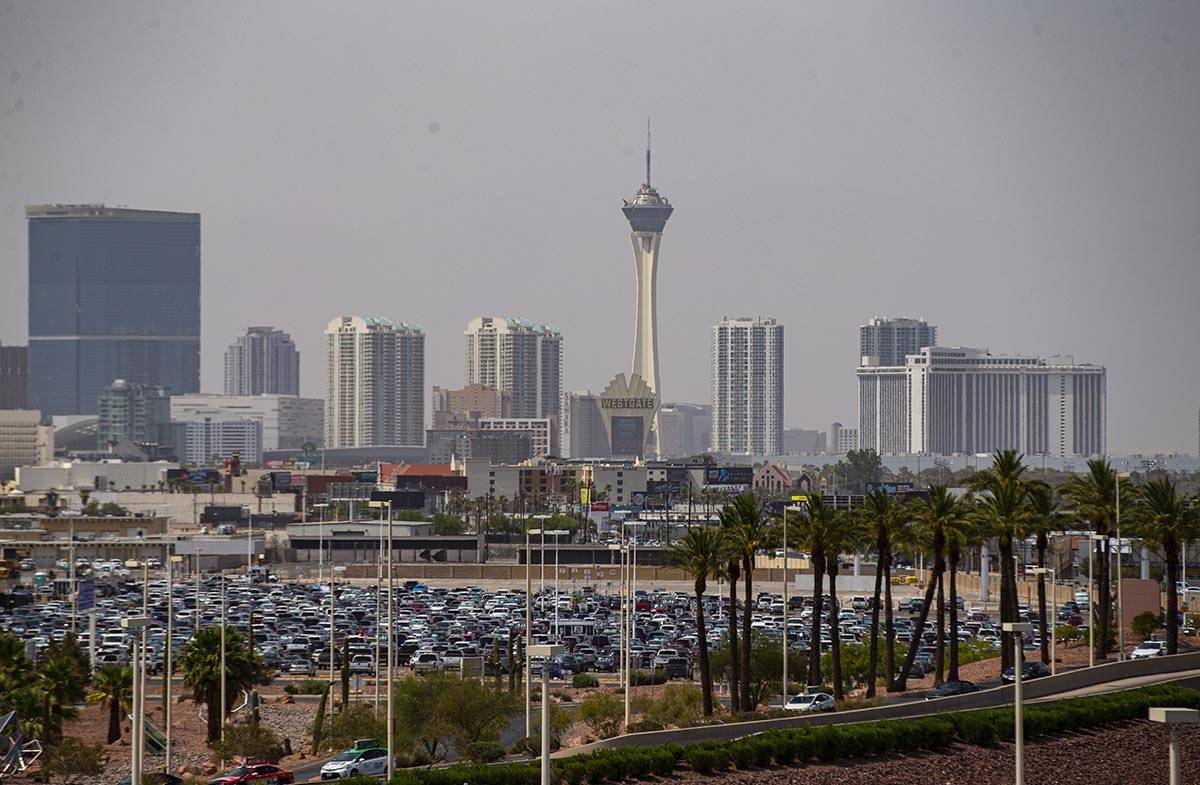 A view looking towards the north Strip as hazy weather conditions blanket the Las Vegas Valley ...