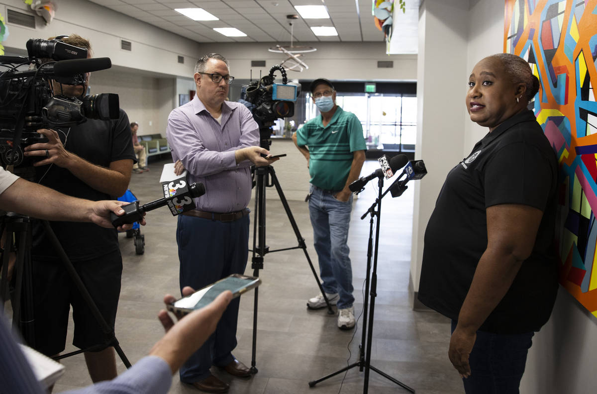 Jocelyn Bluitt, Community Resources manager, addresses the media at Dula Community Center, on M ...