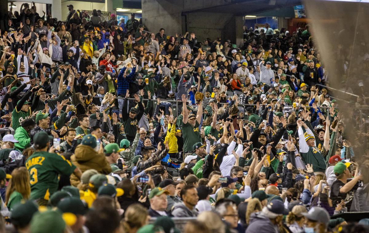 Oakland A‘s fans do the "wave" during the game against the Boston Red Sox at RingCentral Coli ...