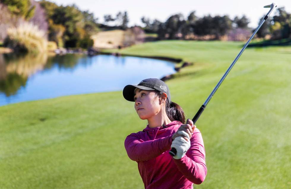 Las Vegas resident Danielle Kang, ranked in the top 5 on the LPGA Tour, plays the 18th hole at ...