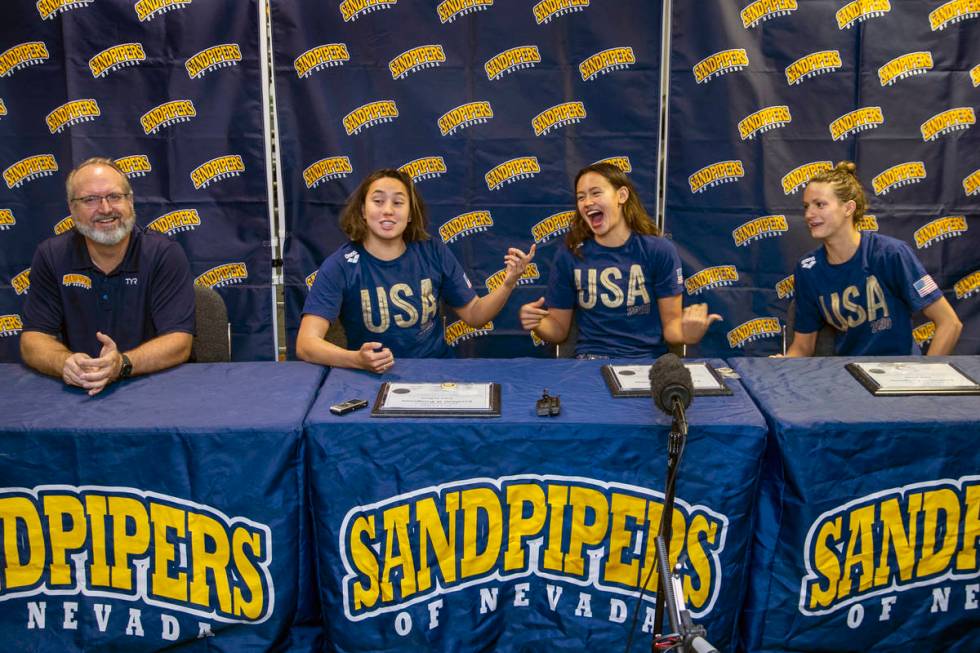 (From left) Sandpipers of Nevada coach Ron Aitken shares a laugh during a press conference with ...