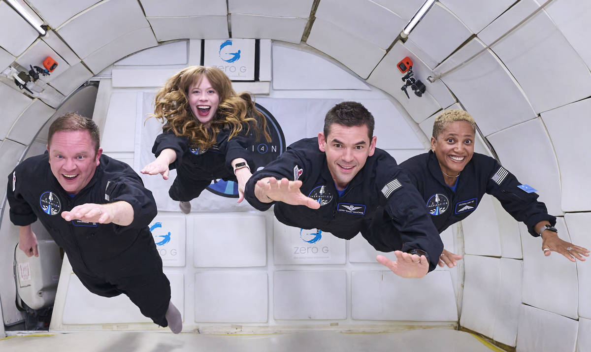Inspiration 4 crew members Chris Sembrowski, Hayley Arceneaux, Jared Isaacman, and Dr. Sian Pro ...