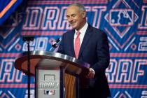 MLB Commissioner Rob Manfred reacts as he is booed by fans during the first round of the 2021 M ...