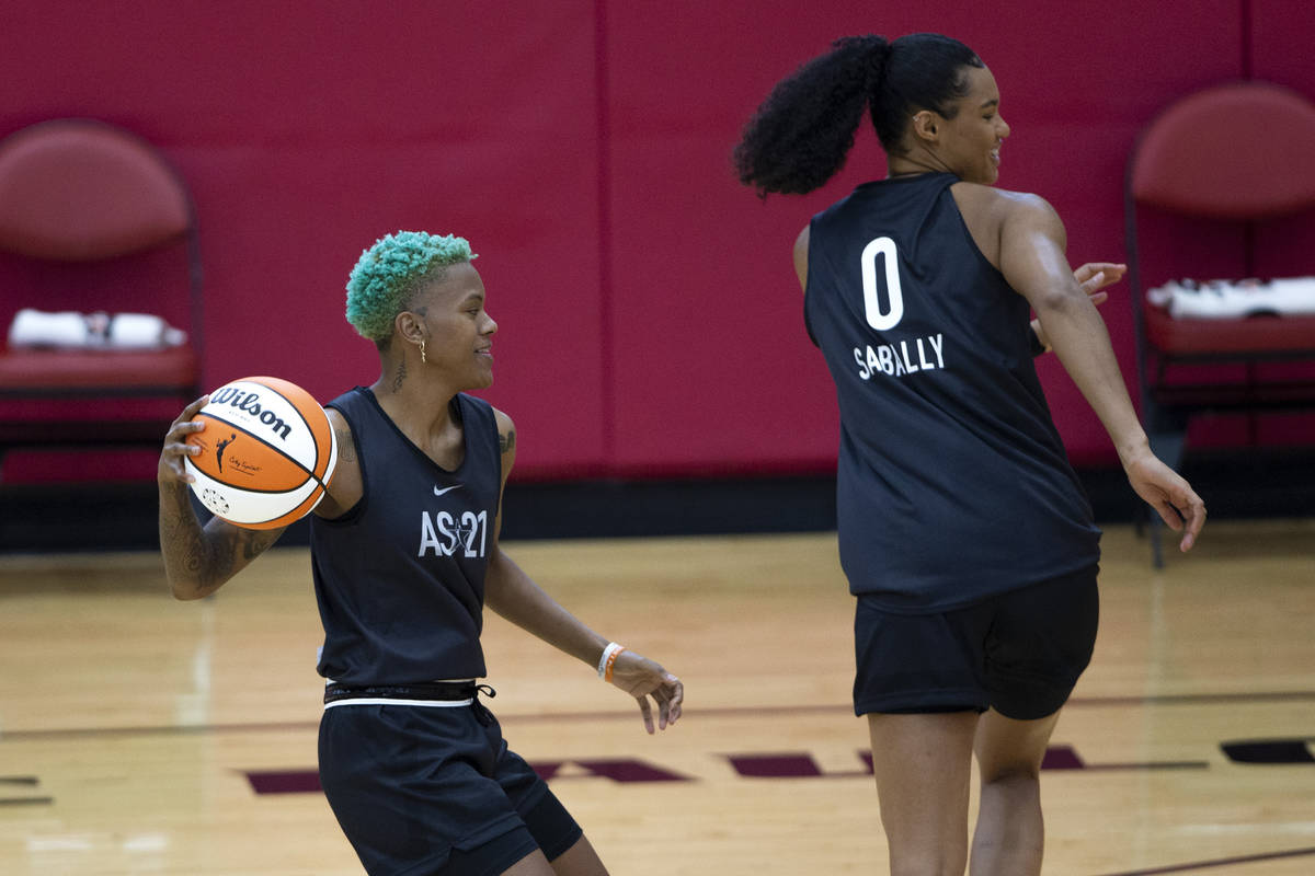 Courtney Williams, left, and Satou Sabally run drills during a 2021 Team WNBA practice in Mende ...