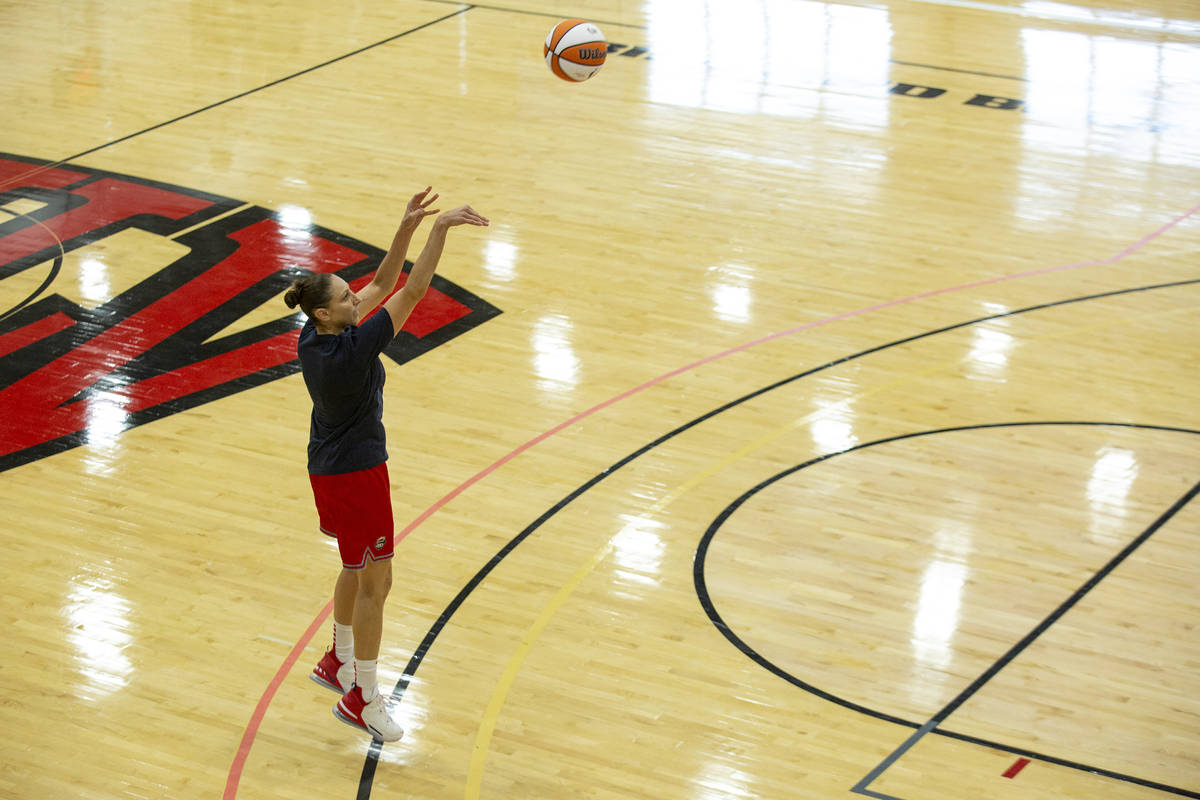 Diana Taurasi shoots a basket during a 2021 USA Basketball Women's National team practice in Me ...