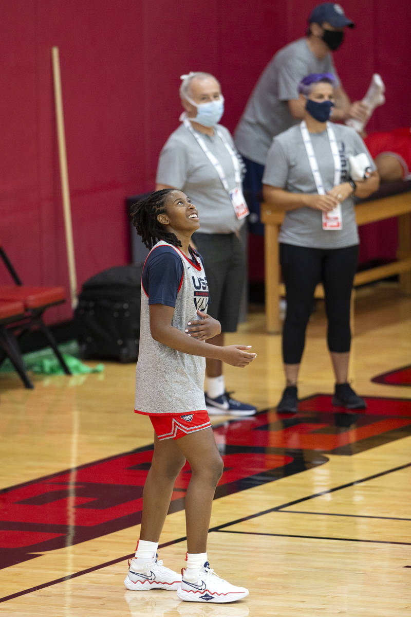 Ariel Atkins eyes the hoop during a 2021 USA Basketball Women's National team practice in Mende ...