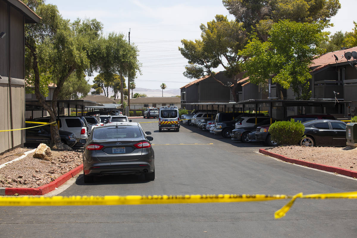 The scene of a homicide investigation in the 1700 block of Karen Avenue in central Las Vegas Tu ...