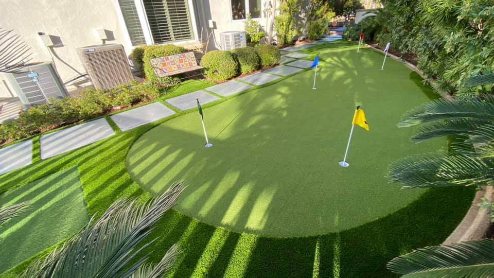 Synthetic turf is specially manufactured to simulate the look and feel of being on a real golf ...