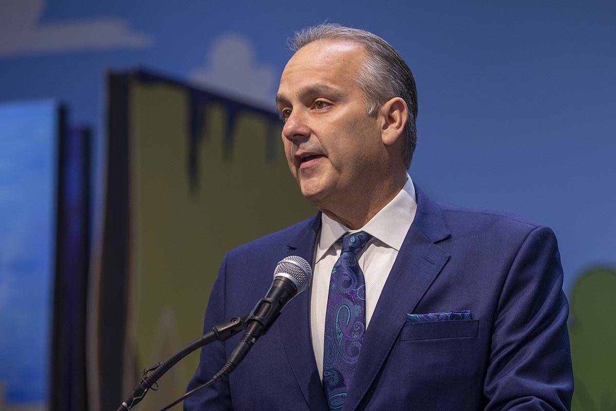 Clark County School District Superintendent Dr. Jesus Jara speaks during a ceremony for four bi ...