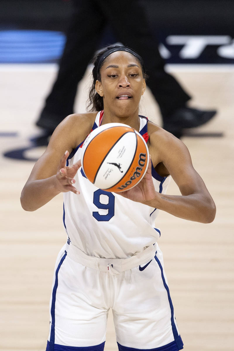 U.S. Women's National Team's A'ja Wilson, who plays for the Las Vegas Aces in the WNBA, passes ...