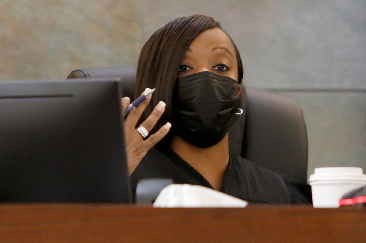 Judge Tierra Jones speaks during a bail hearing for Cadesha Bishop, center, who is charged with ...