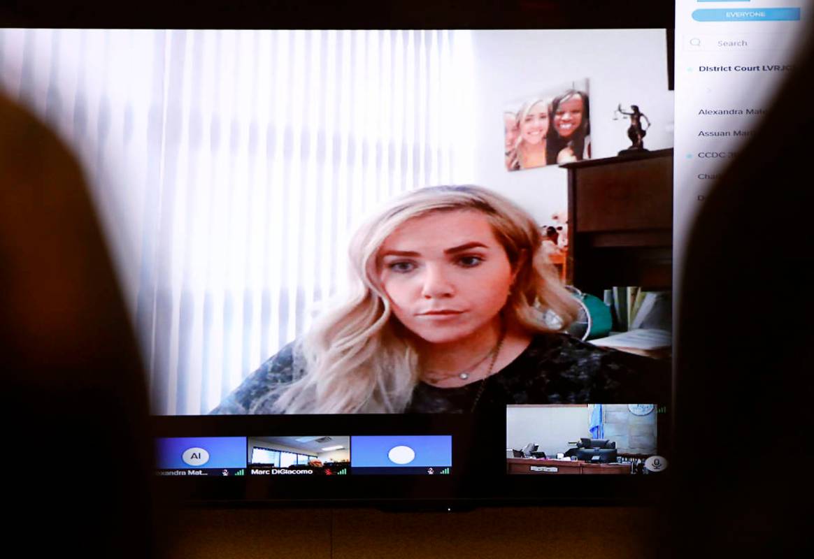 Sarah Overly, a prosecutor, is shown on the video during a bail hearing for Cadesha Bishop, ce ...