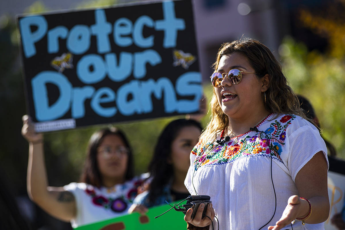 UNLV student Joseline Cuevas speaks during a rally in support of DACA recipients at UNLV in Las ...