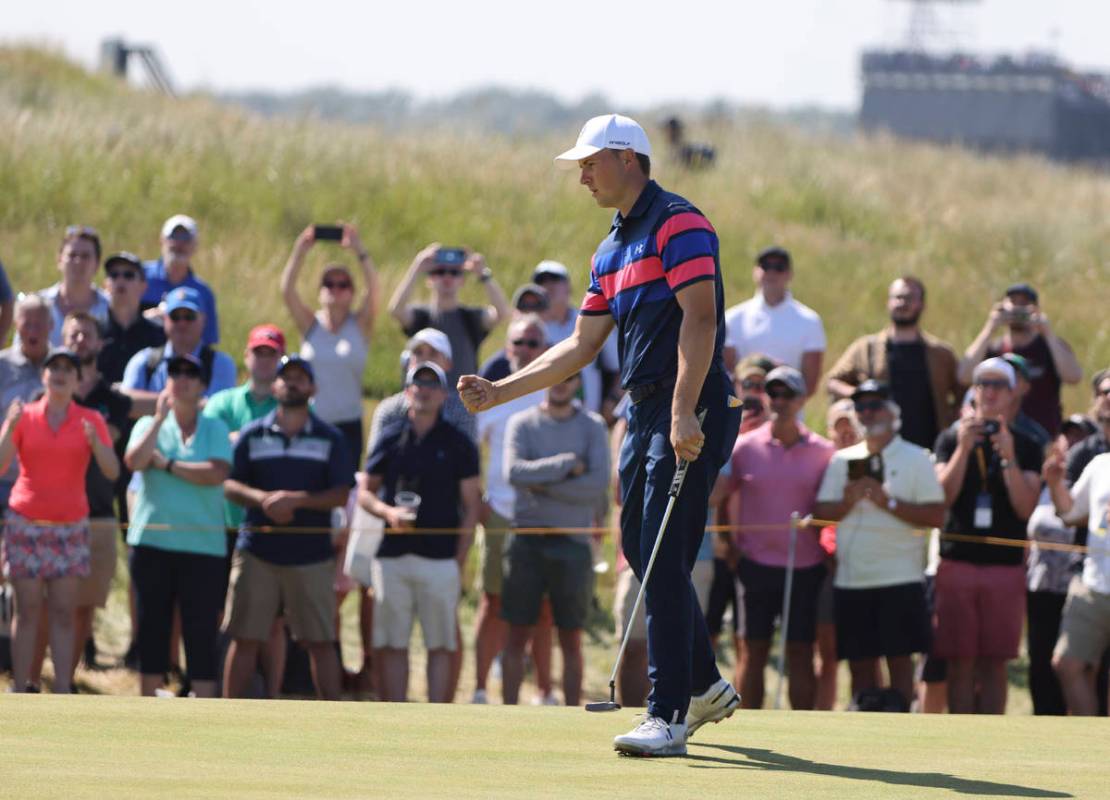 United States' Jordan Spieth celebrates an eagle on the 7th green during the final round of the ...