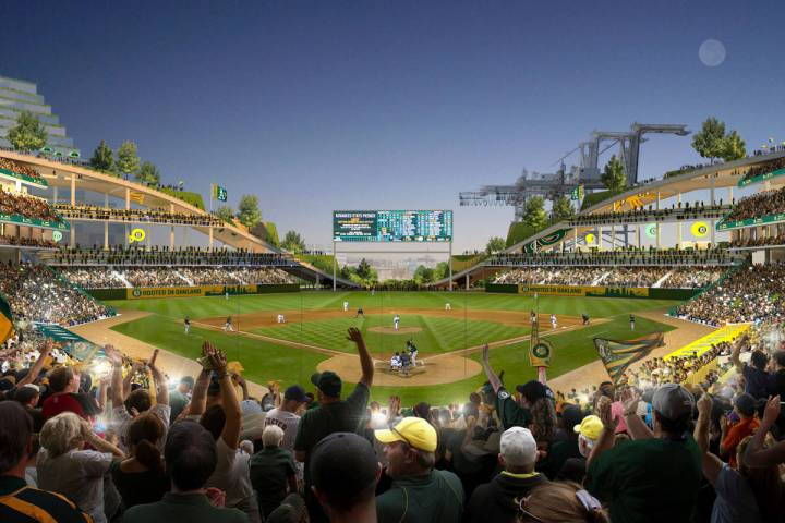 This rendering released Wednesday, Nov. 28, 2018, by the Oakland Athletics shows an interior vi ...