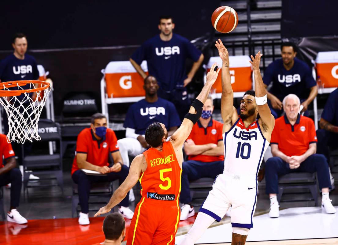 United States forward Jayson Tatum (10) shoots over Spain guard Rudy Fernandez (5) during the f ...
