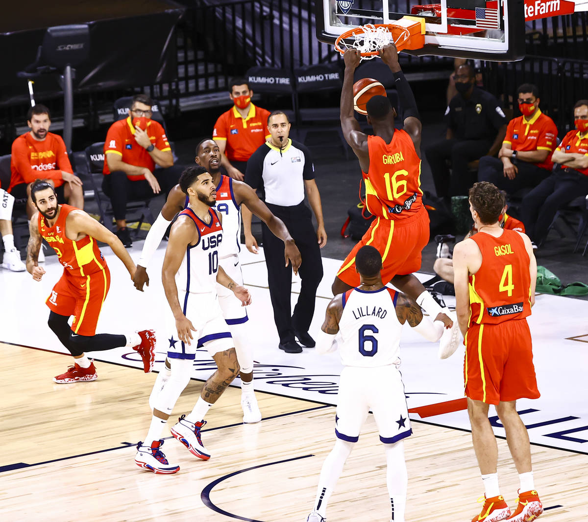 Spain power forward Usman Garuba (16) dunks the ball against the United States during the first ...