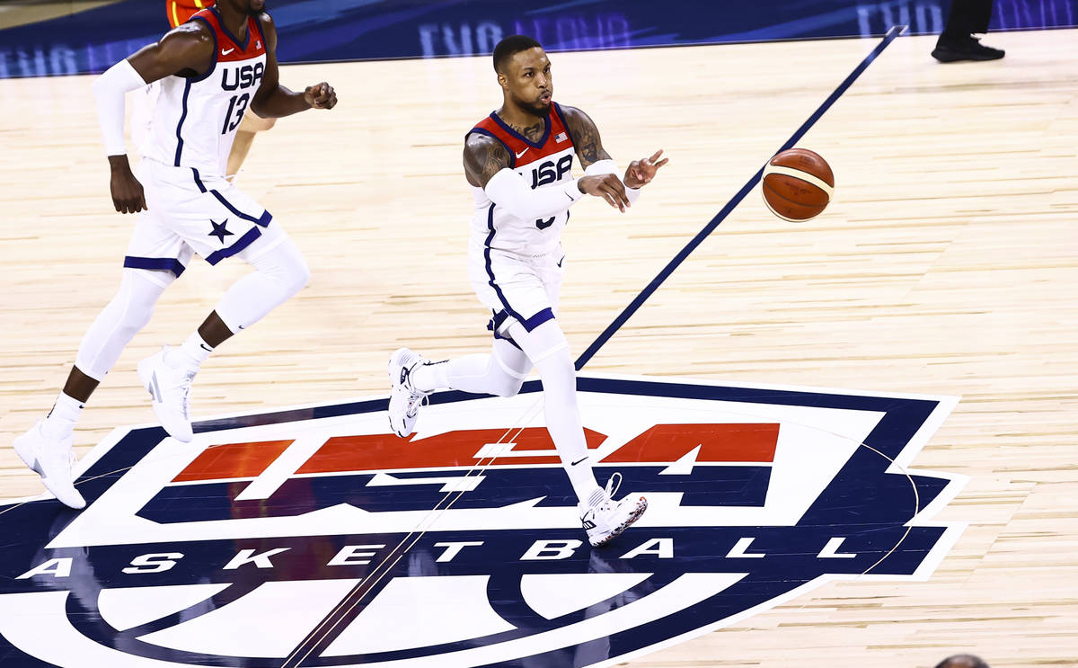 United States guard Damian Lillard (6) passes the ball during the second half of an exhibition ...