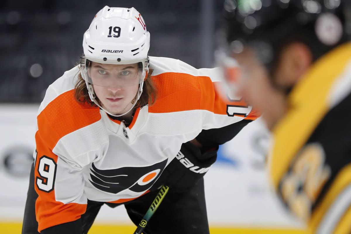 Philadelphia Flyers' Nolan Patrick (19) plays against the Boston Bruins during the third period ...
