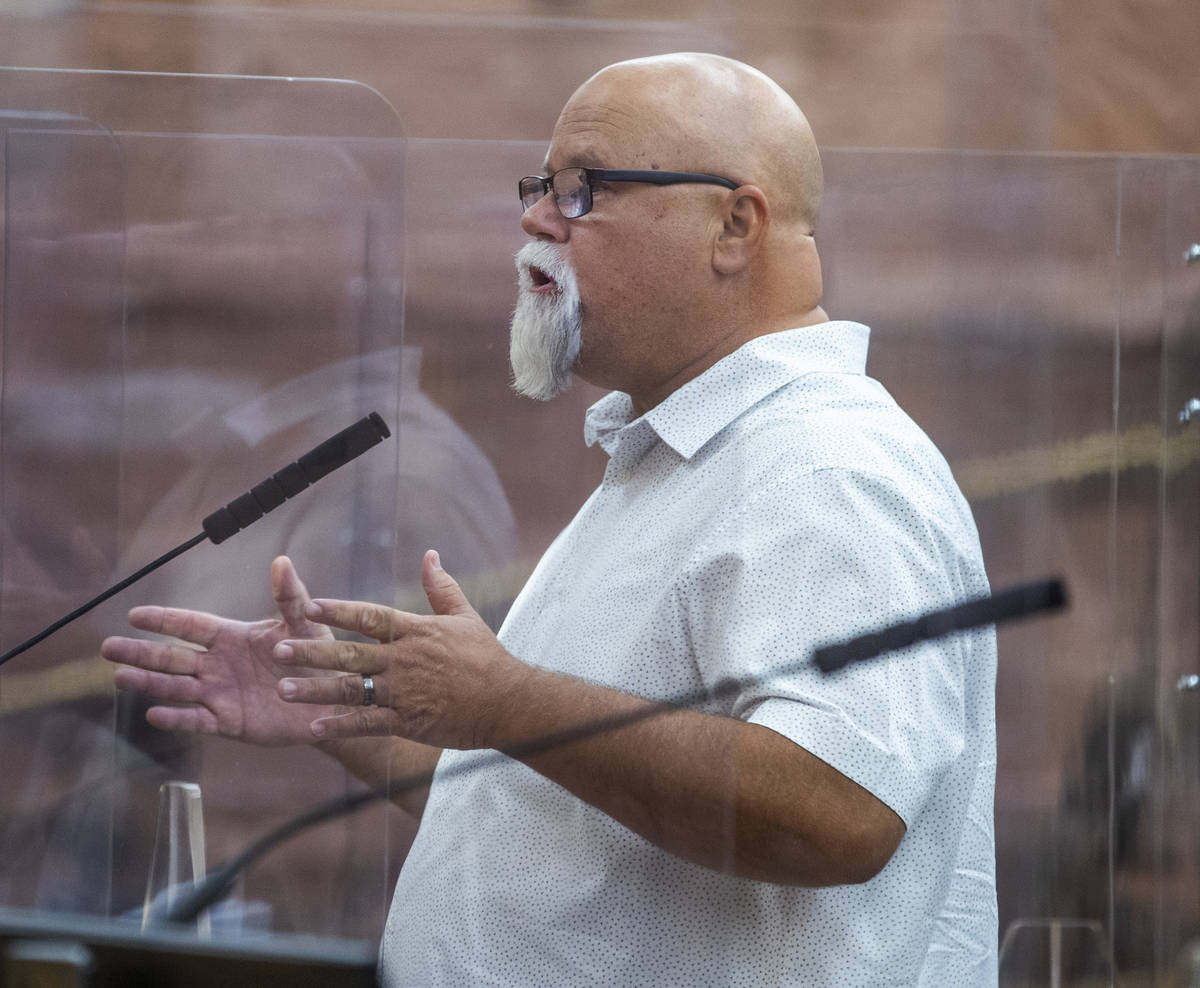 Small business owner Dave Crete speaks during a Clark County Commission meeting to discuss the ...