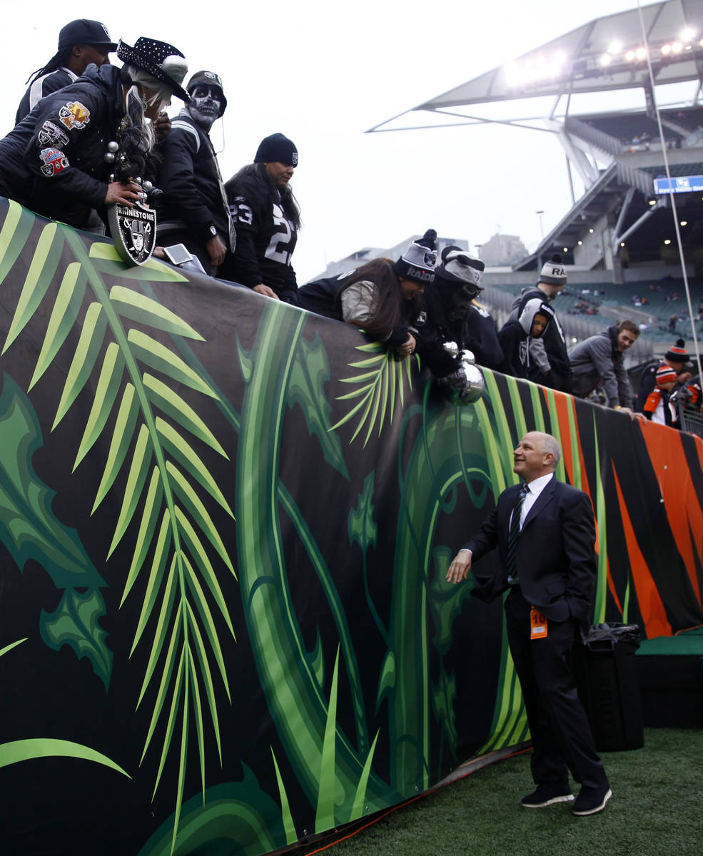 Raiders president Marc Badain meets with the teamճ fans before an NFL game against the Ci ...