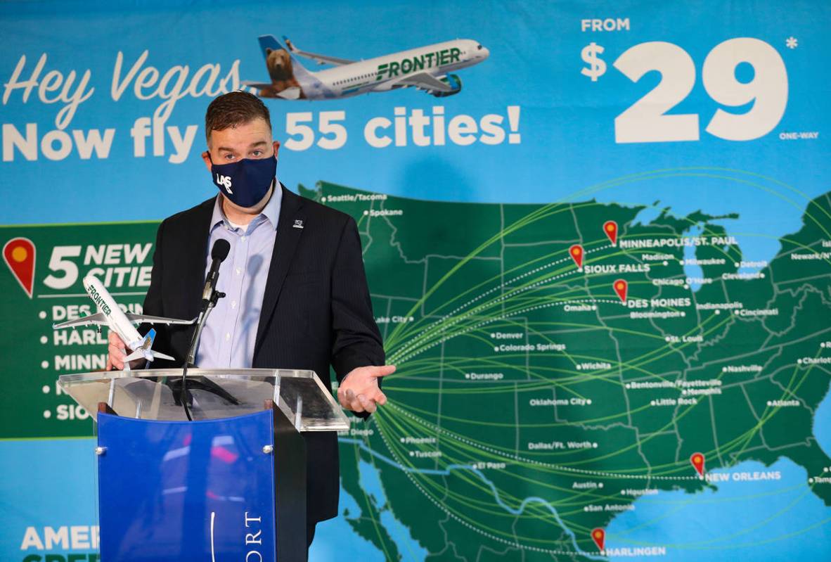 Chris Jones, chief marketing officer for McCarran International Airport, announces that five ne ...