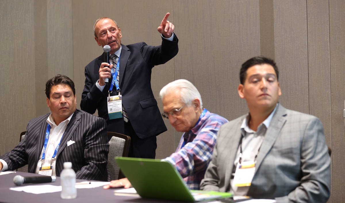 Moderator Andrew Klebanow of Klebanow Consulting in Las Vegas, standing, speaks during the &quo ...