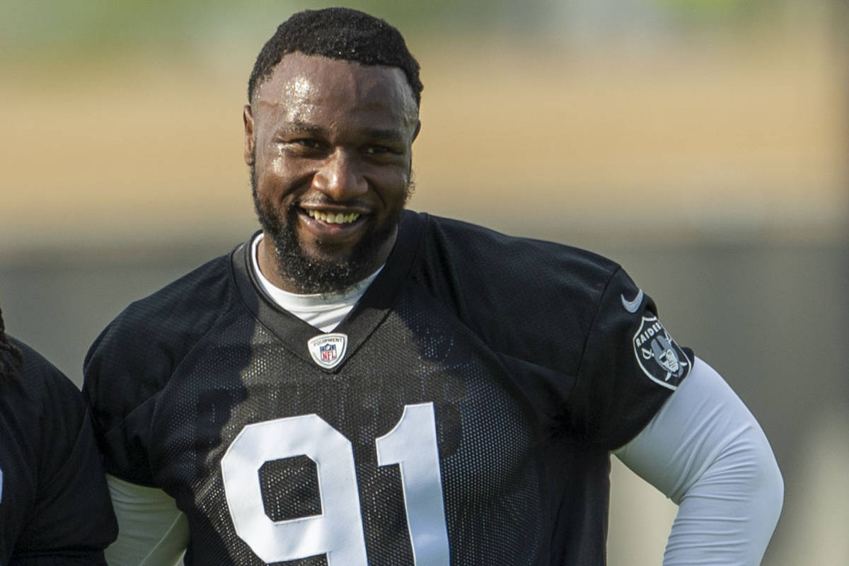 Raiders defensive end Yannick Ngakoue (91) during an NFL football practice on Tuesday, June 15, ...