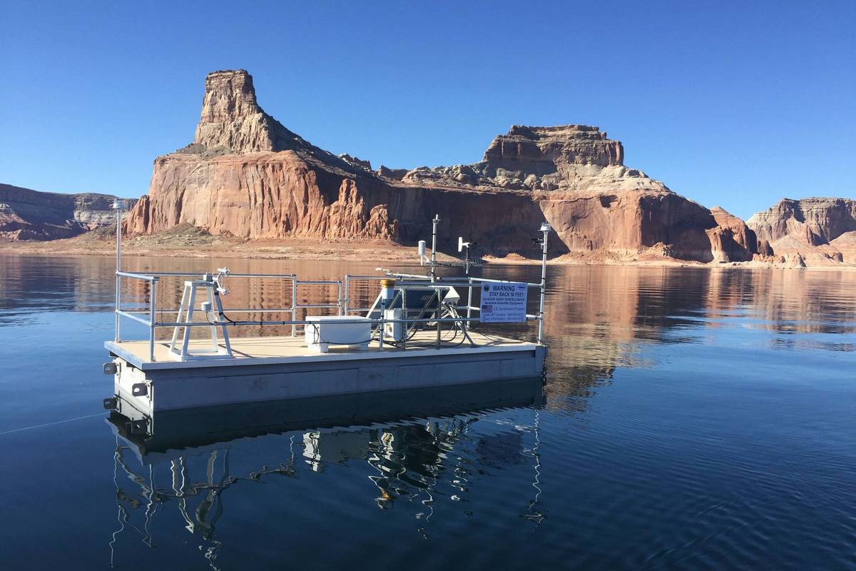 In this Nov. 7, 2018, file photo, a remote evaporation station floats in Lake Powell. (Desert R ...