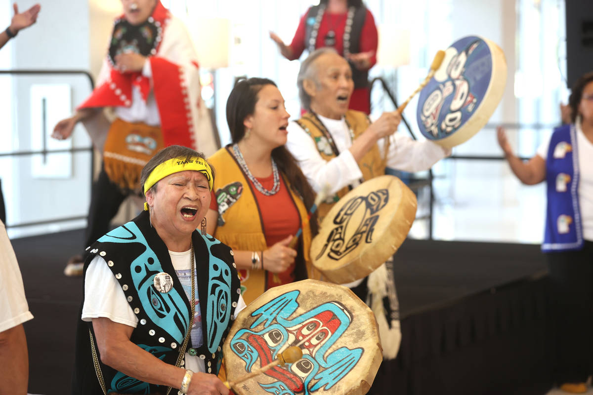 Members of Yaaw Tei Yi Tlingit/Haida Tribal dance group from Juneau, Alaska, including drummers ...