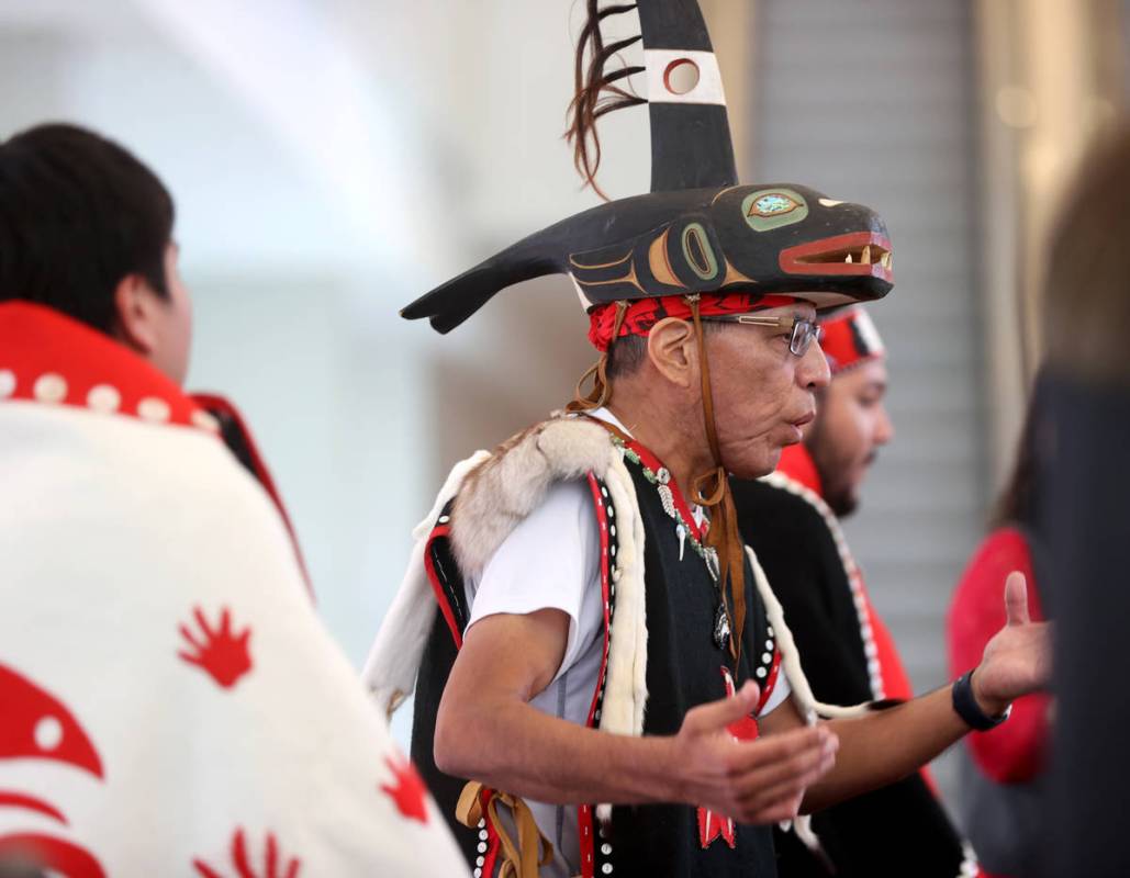 Members of Yaaw Tei Yi Tlingit/Haida Tribal dance group from Juneau, Alaska, including Gerald M ...