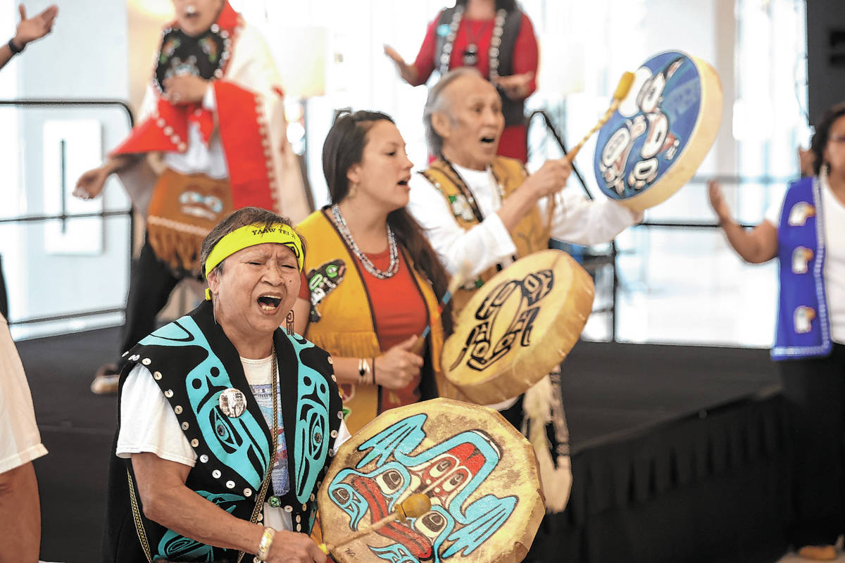 Members of Yaaw Tei Yi Tlingit/Haida Tribal dance group from Juneau, Alaska, including drummers ...