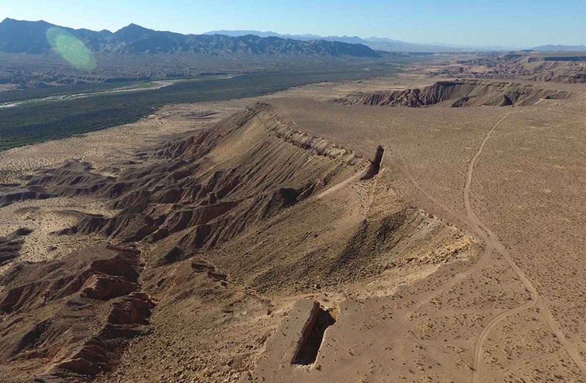An aerial view of "Double Negative," an earth sculpture by Michael Heizer on Mormon Mesa just n ...
