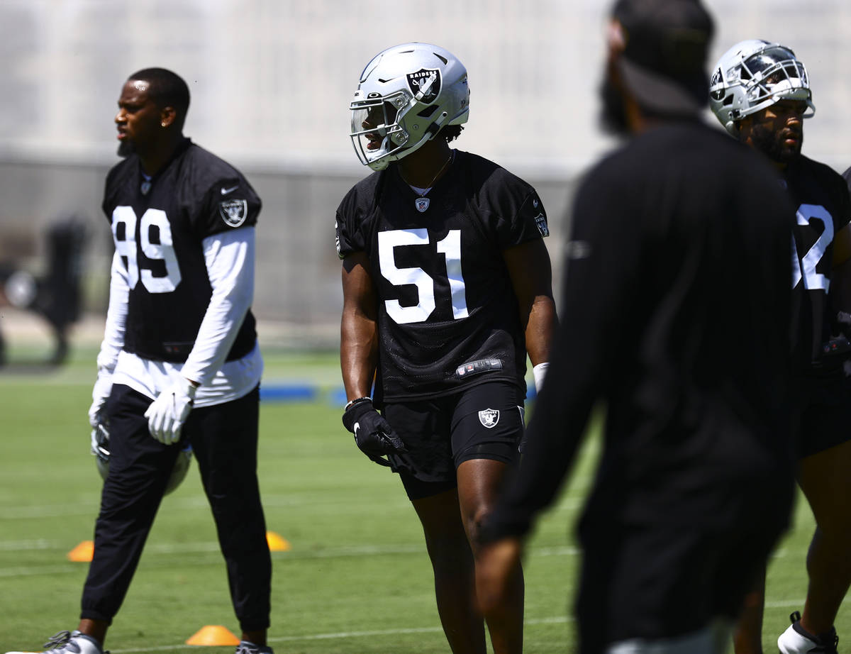 Raiders’ Malcolm Koonce trains during NFL football practice at Raiders headquarters in H ...