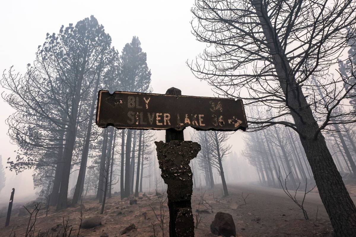 A sign damaged by the Bootleg Fire stands among the haze on Thursday, July 22, 2021, near Paisl ...