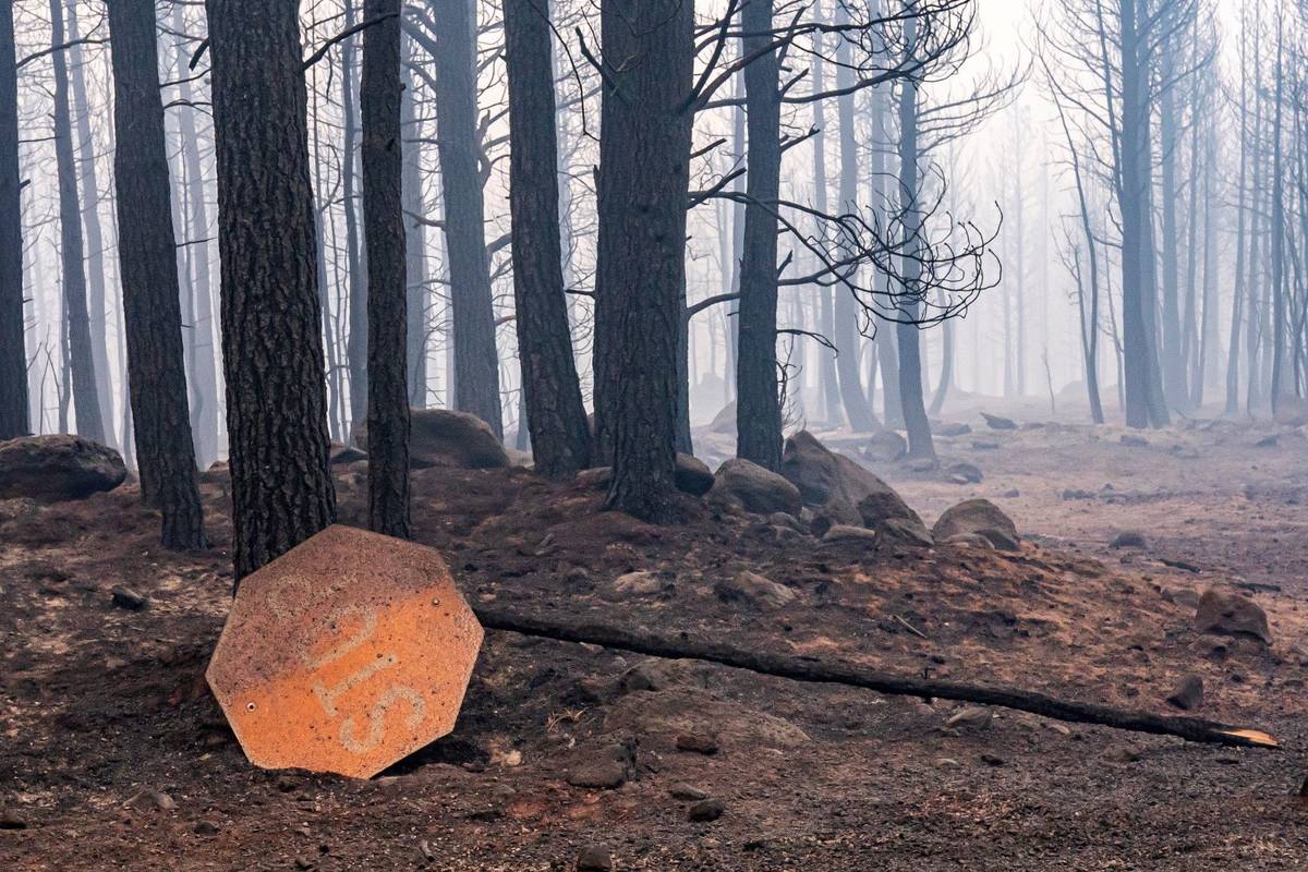 A sign damaged by the Bootleg Fire lies on the ground on Thursday, July 22, 2021, near Paisley, ...