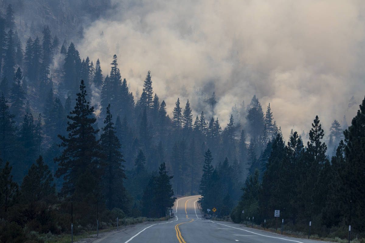The Tamarack Fire burns astir   California State Route 88 adjacent   Alpine Village, Calif., Friday, J ...